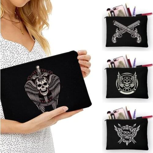 Skull Pattern Travel Makeup Bag Women Storage Cases Carrying Belt Linen Coin Purse Girl Pencil Cover Cosmetic Bags & Cases