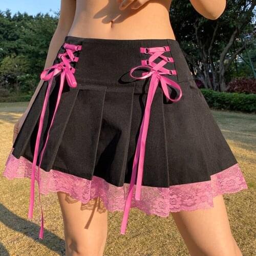 Gaono Lolita Style Bandage Waist Shaper Stitching Lace Mini Skirt Sweet Girls Plaid Printed Short Cake Layered Skirts Party Club