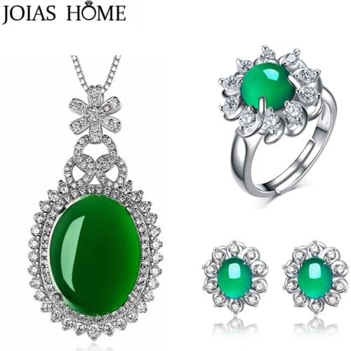 JoiasHome 925 Sterling Silver Jewelry Sets for Women Emerald Gemstones Rings Earrings Necklace Retro Folwer Jewelry Wholesale
