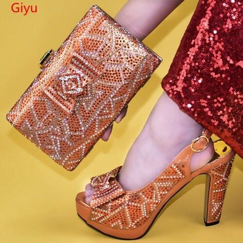 Doershow italian shoes and bag set wholesale 2018 orange color for wedding shoes and matching purse for women party! SYY1-18