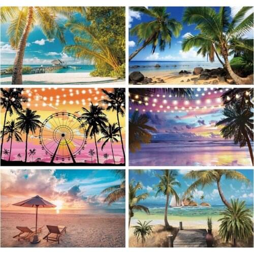 Laeacco Summer Sea Backdrops Sky Clouds Tropical Beach Palms Trees Photography Backgrounds For Photo Studio Photocall Photozone