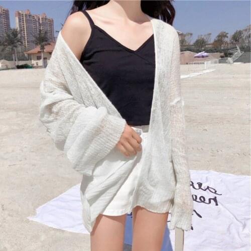 Summer Cotton Womens Beach Top V-Neck Long Sleeve Cardigan Solid Loose Thin Korean Style Fashion Casual Beach Top