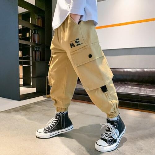 Fashion Boys' Trousers Big Pockets Casual Sports Pants Spring And Autumn Boys Pure Cotton Loose Elastic Waist Pants 6 - 13 Years