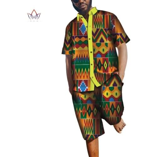 Summer African Clothes Men Patchwork Shirts and Short Pants Bazin Riche African Clothing 100% Cotton Mens 2 Pieces Sets WYN640