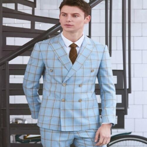 2020 Mens Blue Check Cotton Linen Two Piece Summer Suits Peak Lapel Double-breasted Groom Suit