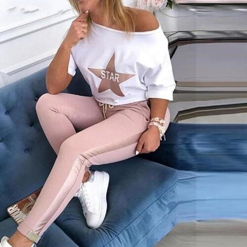 2020 New womens Two Piece womens Suit Star Print Top And Drawstring Design Pants Fashionable Casual Ladies Suit
