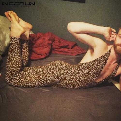 INCERUN New Mens Comfortable Homewear Rompers Long Sleeve Stylish Sleep Bottoms Sexy Leopard Print Halterneck Jumpsuit S-5XL