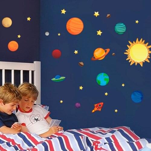 New Creative Solar System Wall Stickers Plane Wall Paper Kids Bedroom Decor Outer Space Stars Planets Wall Decals 1 Sheet