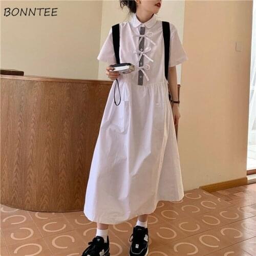 Dresses Women Preppy Style Bow Trendy Casual Turn-down Collar Students Harajuku Leisure Retro Ulzzang BF Clothing Female Cozy