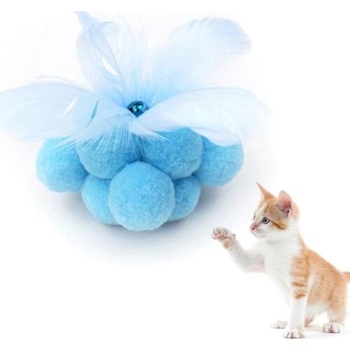 Plush Cats Ball Toy Soft Cat Pom Pom Toy With Bell Interactive Kitten Chew Throwing Ball With Faux Feather Funny Cat Teaser Toys