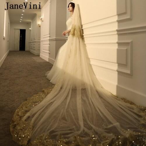 JaneVini Luxury 3 M Lace Light Champagne Wedding Weil with Comb Glitter Sequins Two Layer Appliques Edge Long Bridal Accessories