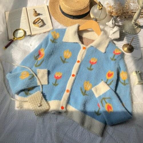 Turn down collar Sweater retro Japanese style lazy female design sense blue knitted cardigan jackets