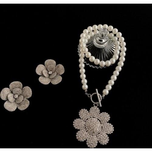 TIMEONLY Hyperbole Oversize Bling Crystal Flower Stud Earrings Delicate Imitation Pearl OT Lock Necklace Party Gifts for Women