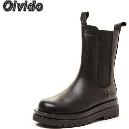 2021 Autumn Winter Womens Genuine Leather Black Chelsea Rain Boots Female Fashion Platform Rubber Mid Calf Motorcycle Boots Y2k