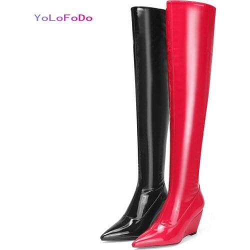 Black Red Patent Leather Women Over the Knee Boots 2021 Autumn Winter Wedges High Heel Boots Fashion Pointed Toe Zipper Boots
