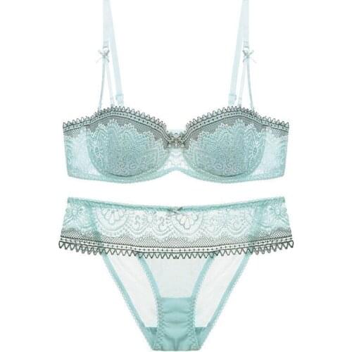 Womens Multi Way 1/2 Cup Lace Floral Embroidery Underwire Top with Panties Bridal Wedding Bra Set 32 34 36 38 A B C D Blue