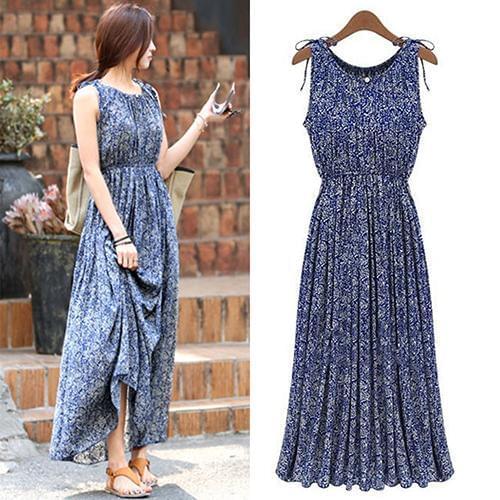 Womens Dress Women Print Floral Long Maxi Dress Women Fashion Boho Floral Sleeveless Long Dress Summer Maxi Evening Party Dress