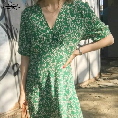 Summer Short Sleeve Loose Green Floral Dress Female French Chic Retro Elegant Long Dress V-neck High Waist Dresses Vestido 14542