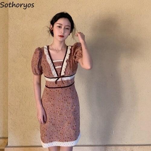French Vintage Short Sleeve Dress Women Elegant Fashion Lace Bow Floral Printed Mini High Waist Simple Ladies OL Streetwear Chic