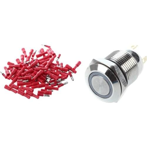 1X Angel Eye Blue LED Light 3V 12Mm Stainless Steel Momentary Push Button Switch NO & 100X Cable Lugs Round Sockets