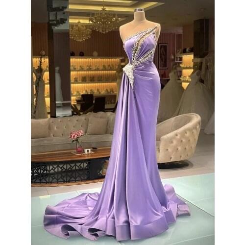 2021 Lavender Satin Mermaid Prom Party Dresses Silver Sequins Plus Size Sheer Neck Formal Evening Occasion Gowns Vestidos