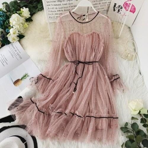 2021 star sequin skirt mesh gauze bell sleeves high waist belt wide loose doll skirt A-line puffy princess dress Z872