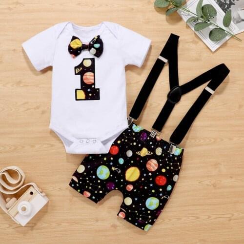 2021 Baby Boy Clothes 1st Clothes Set Infant Baby Boys Girls Star Romper+bow Tie Suspender Shorts Birthday Outfits Set Ropa Baby