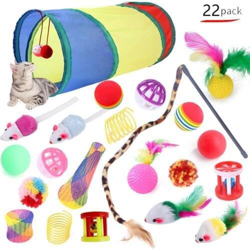 22Pcs Cat Toy Kits Collapsible Tunnel Indoor Kitten Interactive Teaser Wand Mice Ball Pets Fun Channel Crinkle Ball Cat Supplies