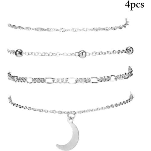 4Pcs/Set Elegant Sweet Women Anklet Creative Moon Decor Ankle Bracelet Beach Chain Anklet Jewelry Accessories Party Dress Up