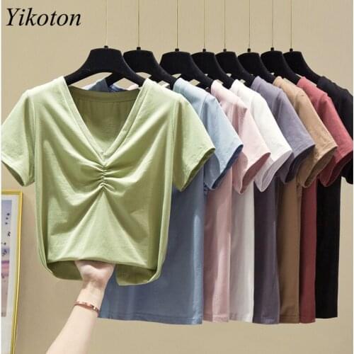 V-Neck Basic T Shirts Casual Women Tshirt Solid Cotton 2021 Summer Top T-Shirt Womans Clothes Tee Shirt Femme Camisetas Mujer