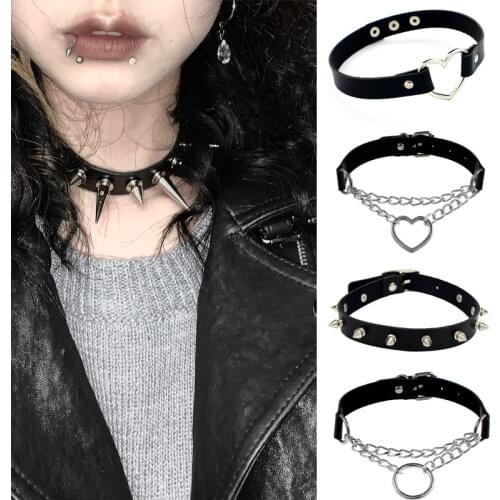 Fashion Punk PU Leather Lock Key Heart Round Spike Rivet Collar Studded Choker Necklace Body Birthday Party Gift Chocker Jewelry