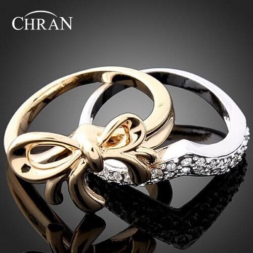 CHRAN Elegant Brand Women Rings Jewelry Classic 2 Tone Gold Silver Color Butterfly Design Crystal Ladies Engagement Ring Sets