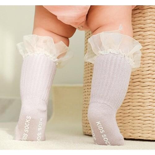 Baby Knee High Socks Princess Girls Lace Ruffle Socks Spring Autumn Anti-slip Ribbed Knitted Cotton Long Socks