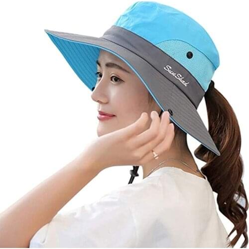 Womens Summer Mesh Wide Brim Sun UV Protection Hat with Ponytail Hole Foldable Safari Fishing Cap
