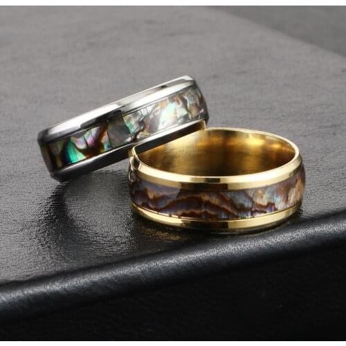 Inlay Carbide Shell Stainless Steel Finger Ring For Men Rainbow Rippled Abalone Shell Beveled Rings Wedding Band Jewelry