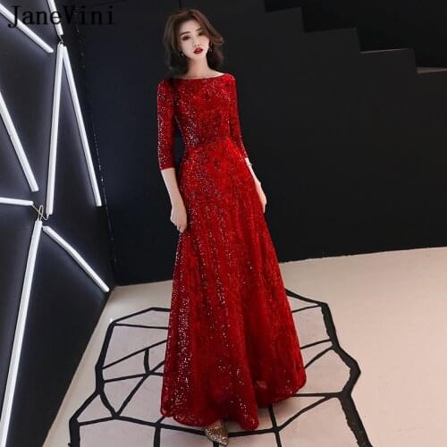 JaneVini Shiny Sequined Long Red Prom Dresses Plus Size 2019 O Neck A Line Floor Length Elegant Prom Party Gowns Vestido De Gala