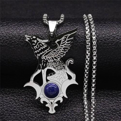 2021 Witchcraft Stainless Steel Moon Flying Wolf Chain Necklaces Silver Color Lapis Lazuli Necklaces Jewelry collier NZ2255S02