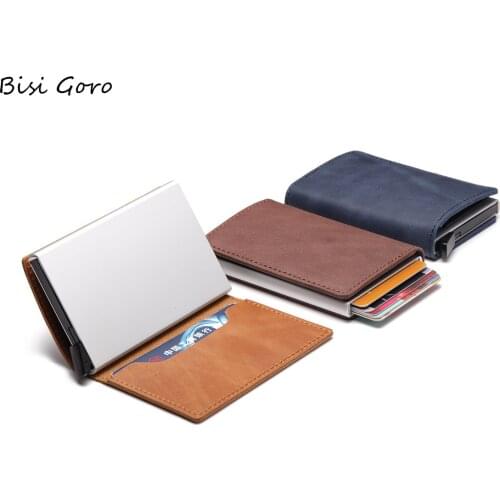 BISI GORO Mens Business Genuine Leather Wallet Anti Theft Brush Credit Card Rfid Card Box Cardholder Multi Function Card Bag