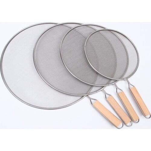 21cm/25cm/29cm/33cm Stainless Steel Splatter Screen Mesh Pot Cover Silver Oil Frying Pan Lid With Wooden Handle Cooking Tools