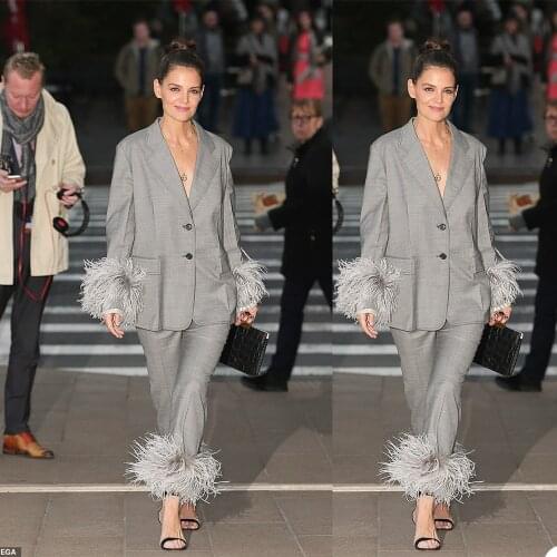 Red Carpet Fashion Mother of the Bride Suits Gray Feather Women Evening Party Tuxedos Formal Wear For Wedding (Jacket+Pants)