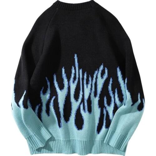 Mens Japanese and Korean style sweater retro streetwear flame pattern hip-hop autumn new mens spandex oversized casual couple
