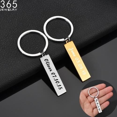 365 New Rectangle Engraved Name Birthdate Custom Key Rings Stainless Steel Jewelry Personalized Childrens Keychains Daily Gifts