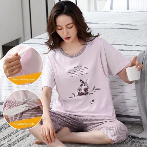 Pregnant Women Pajamas With Breastfeeding Mouth & Adjustable Belt Cotton Postpartum Confinement Home Service Clothing Set M-4XL