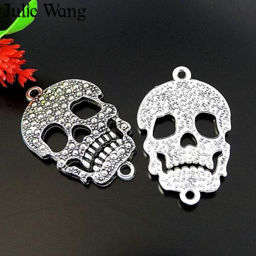 Julie Wang 10PCS Skull Skeleton Charms Antique Silver Color Halloween Decor Pendant Accessory Bracelet Necklace Jewelry Making