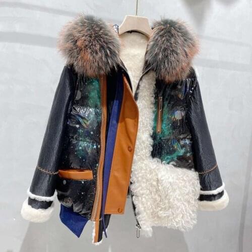 Women Quality High Coat Winter 2021 Down Jacket Hooded Real Raccoon Dog Fur Natural Sheep Wool Thick Warm Colorfur Clothes