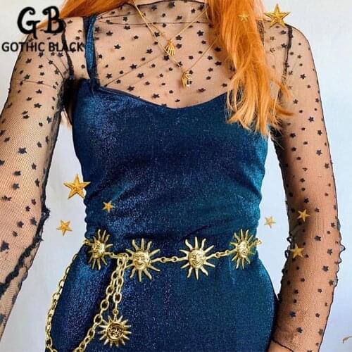 Gothblack Vintage Golden Sun Belts Women High Waist Metal Belts Gothic Female Streetwear Hip Hop Belts Fashion Party Waist Chain