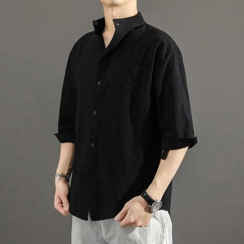 Shirt Mens Summer Short-sleeved Chinese Style White Tops Shirt Loose Cotton and Linen Stand Collar Tops Mens Clothing T-Shirt