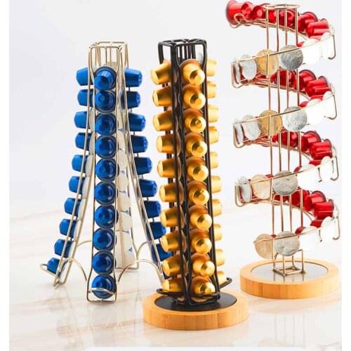 2021 Coffee Rack with Wood Base Nespresso Pod Holder Rotatable Display Stainless Steel Metal Rotate Capsule Storage