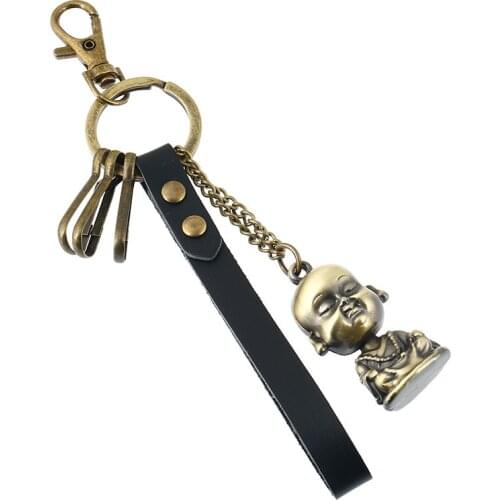 Vintage Retro Long Keychain Alloy Buddha Statue Pendant Black Leather Holder Keyring Bag Accessories Car Keys Chain Jewelry Gift