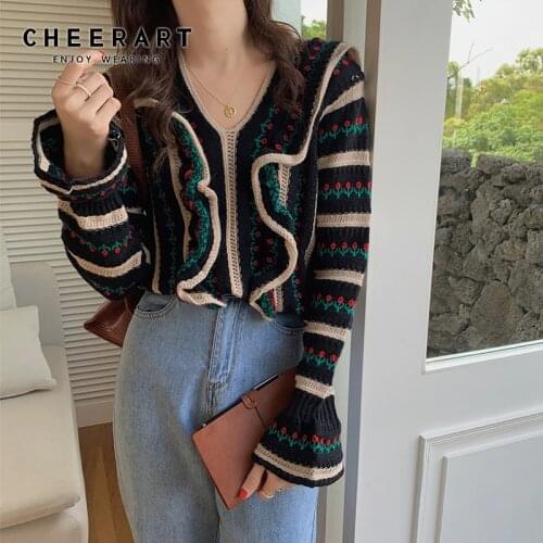 CHEERART Vintage Ruffle Striped Sweater Winter Clothes Women Flare Sleeve V Neck Pullovers Kawaii Knitted Sweater Fall 2021